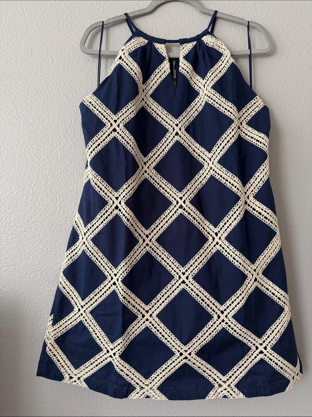 Navy Blue Crochet-Trim Halter Dress